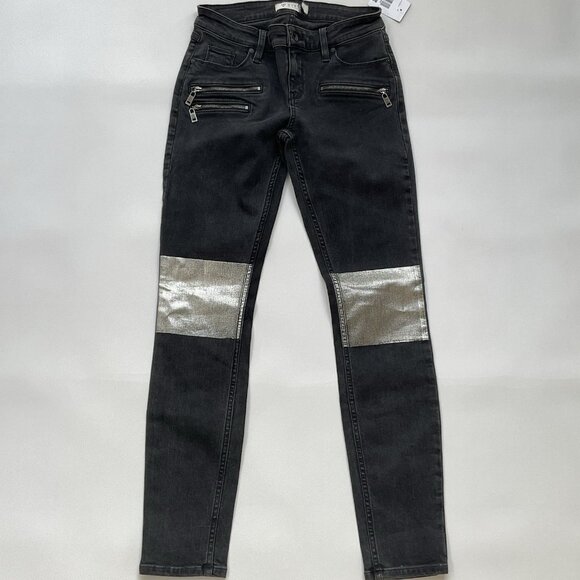 Guess Women’s Moto Zip Skinny Jeans In Black With Knee Silver Patch Size 27 - Picture 1 of 14